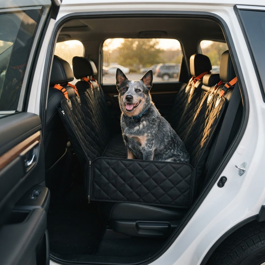 Perro Golden Retriever sentado en protector de asiento tipo hamaca azul marino dentro de una SUV